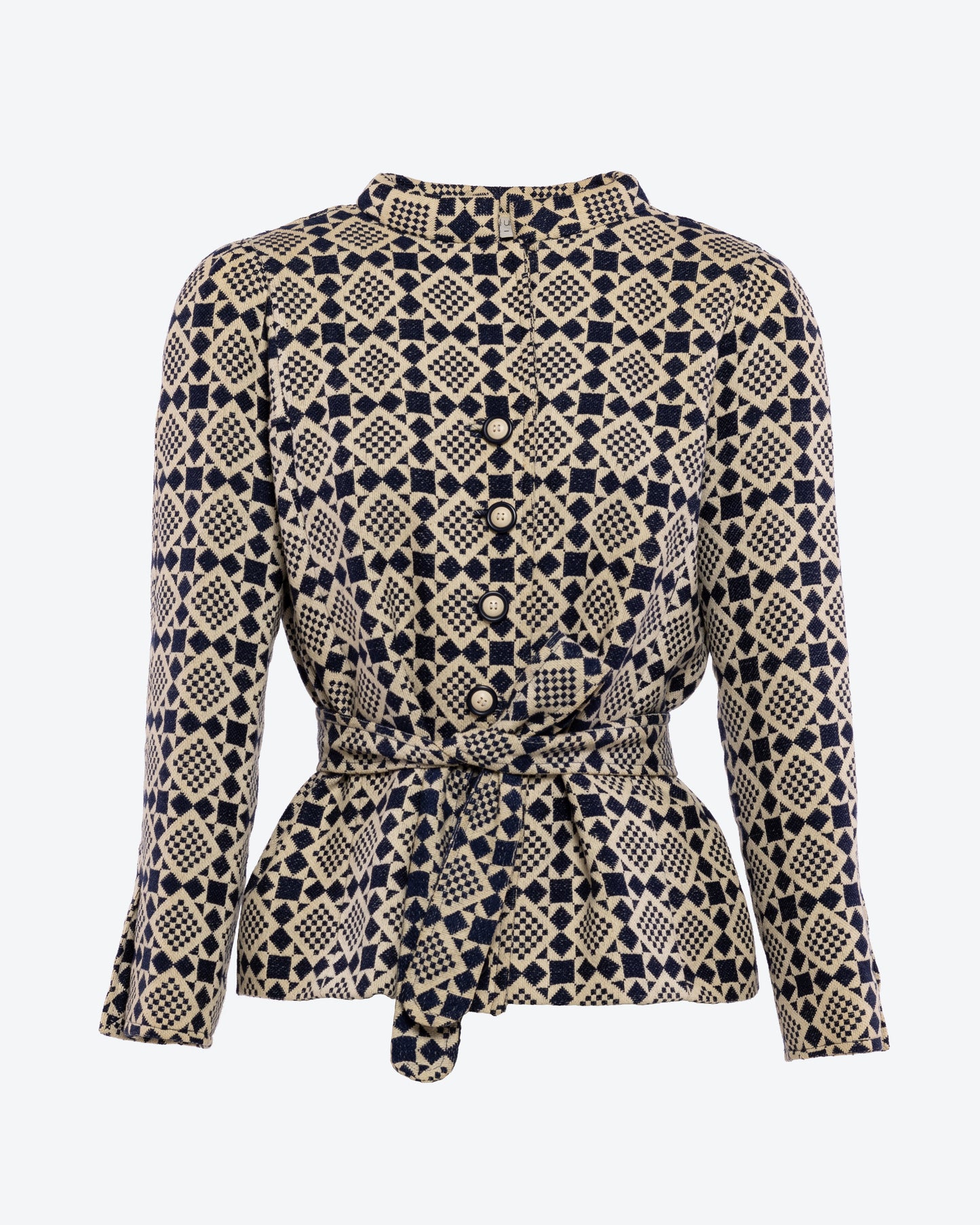 Emanuel Ungaro Parallèle 1970s Belted Geometric Print Tweed Coat Front