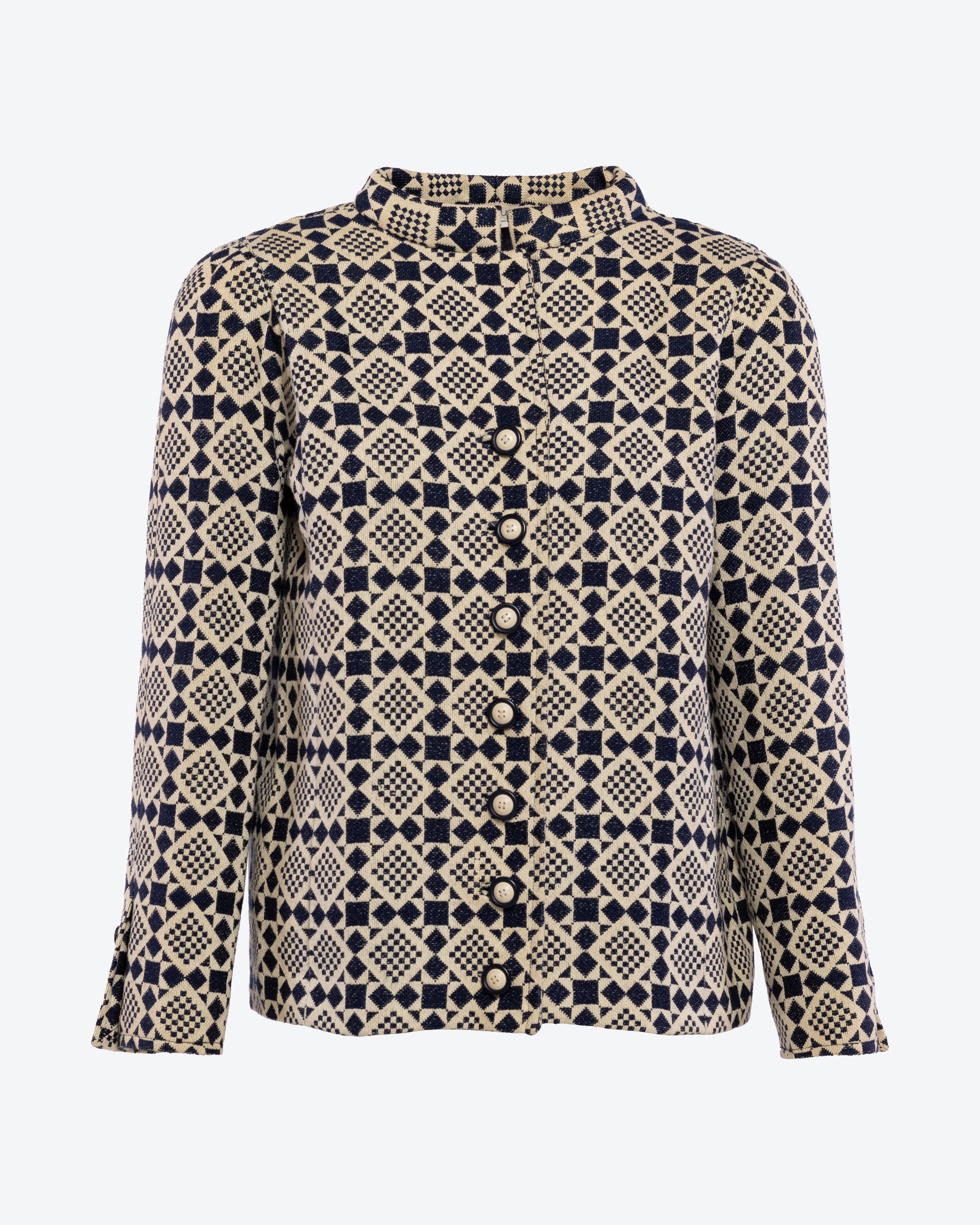 Emanuel Ungaro Parallèle 1970s Belted Geometric Print Tweed Coat Front