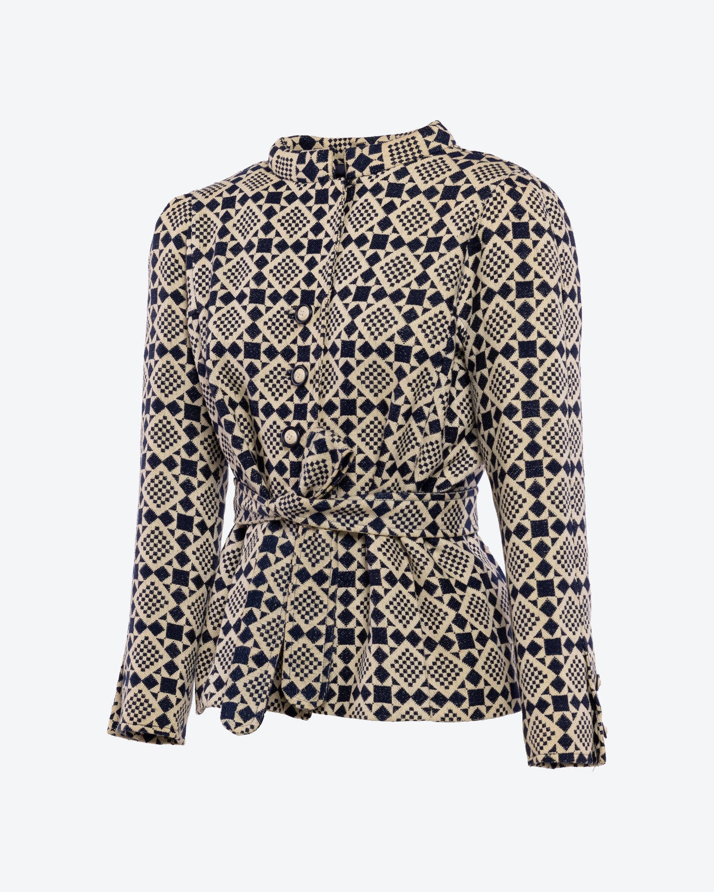 Emanuel Ungaro Parallèle 1970s Belted Geometric Print Tweed Coat Side