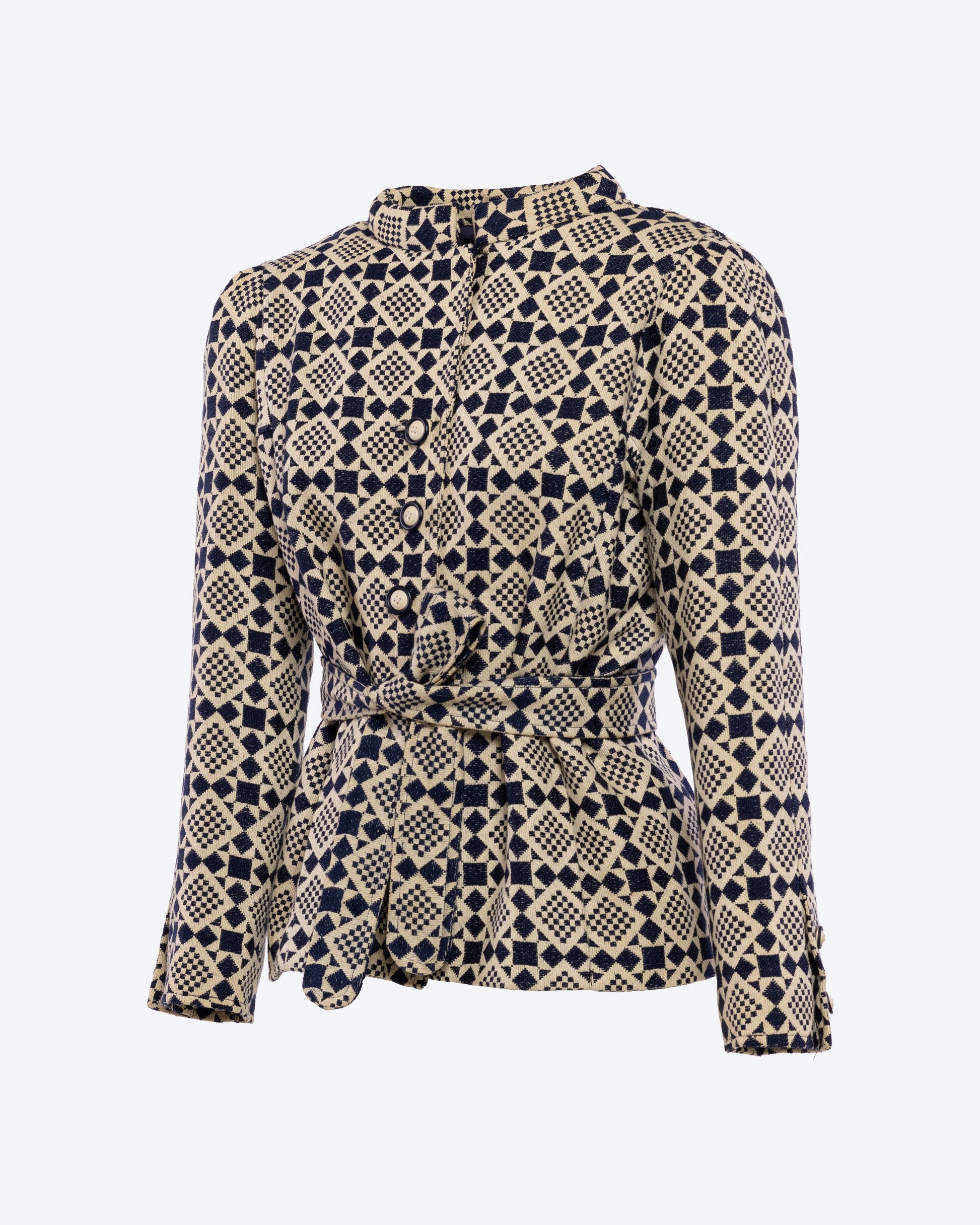 Emanuel Ungaro Parallèle 1970s Belted Geometric Print Tweed Coat Side