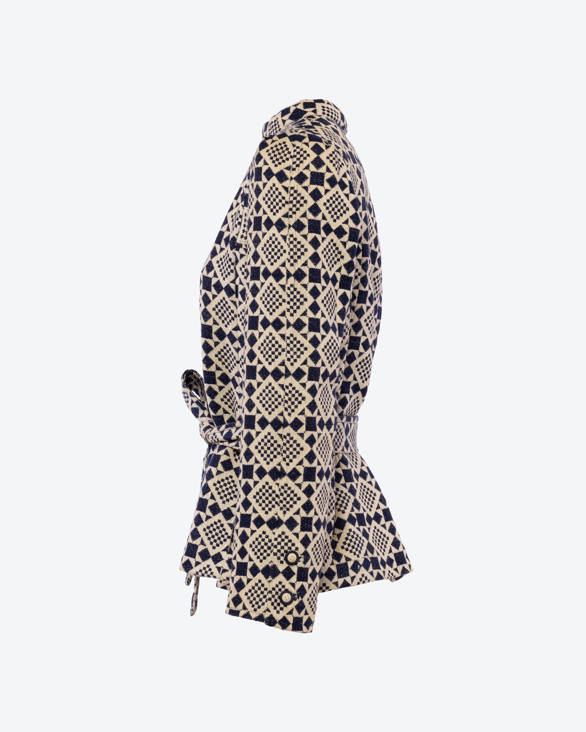 Emanuel Ungaro Parallèle 1970s Belted Geometric Print Tweed Coat Profile