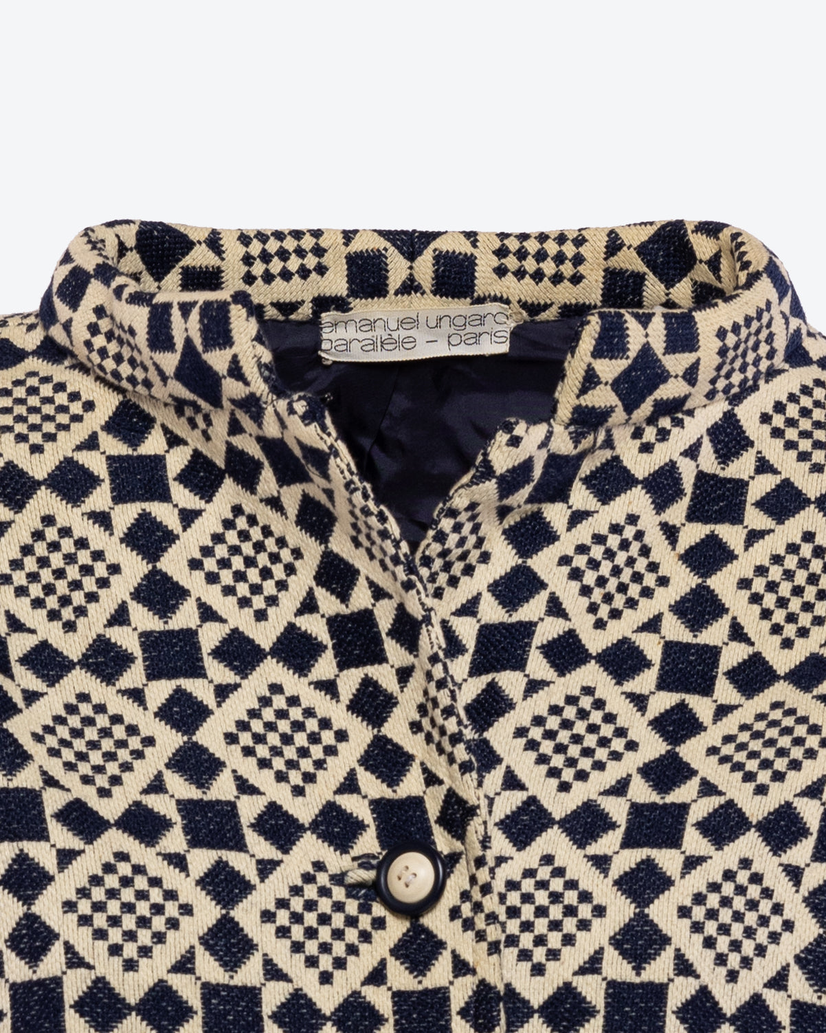 Emanuel Ungaro Parallèle 1970s Belted Geometric Print Tweed Coat Tag