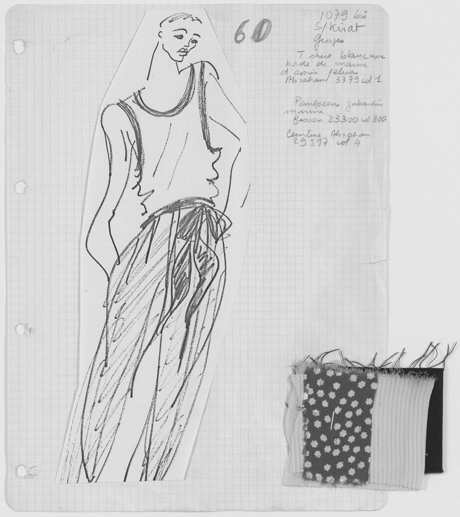 Yves Saint Laurent Haute Couture S/S 1978 sketch and fabric swatches