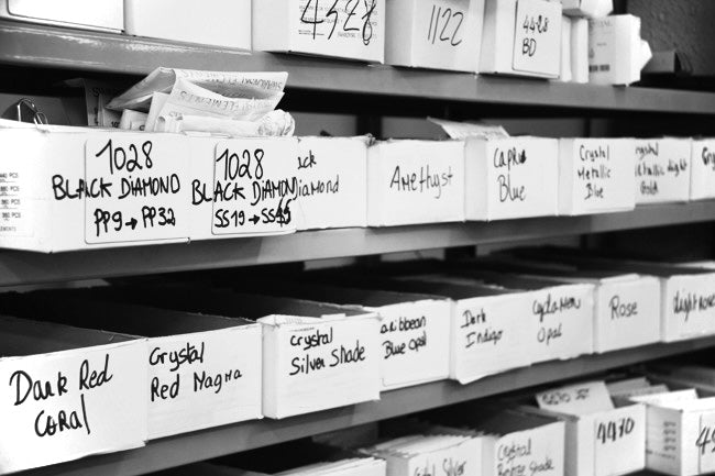 Drawers of crafting materials in the Maison Edgard Hamon atelier in Paris