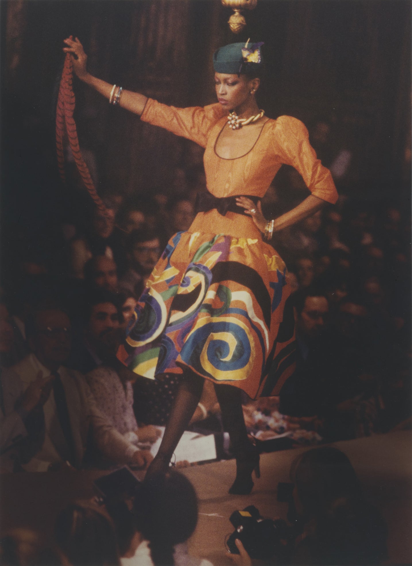 Evening gown, homage to Pablo Picasso, worn by Amalia Vairelli during the fashion show for the autumn-winter 1979 haute couture collection, Salon impérial of the Hôtel Inter-Continental, Paris, July 1979. Photograph by Claus Ohm. © Claus Ohm