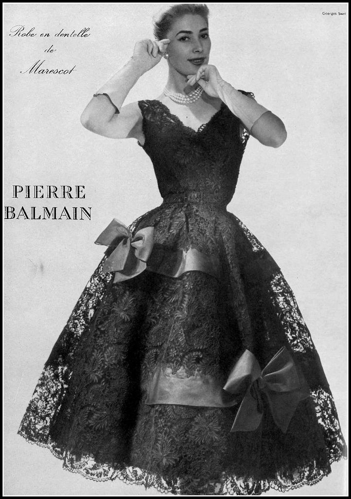 Geneviève in black Marescot lace party dress by Pierre Balmain, photo by Georges Saad, 1954