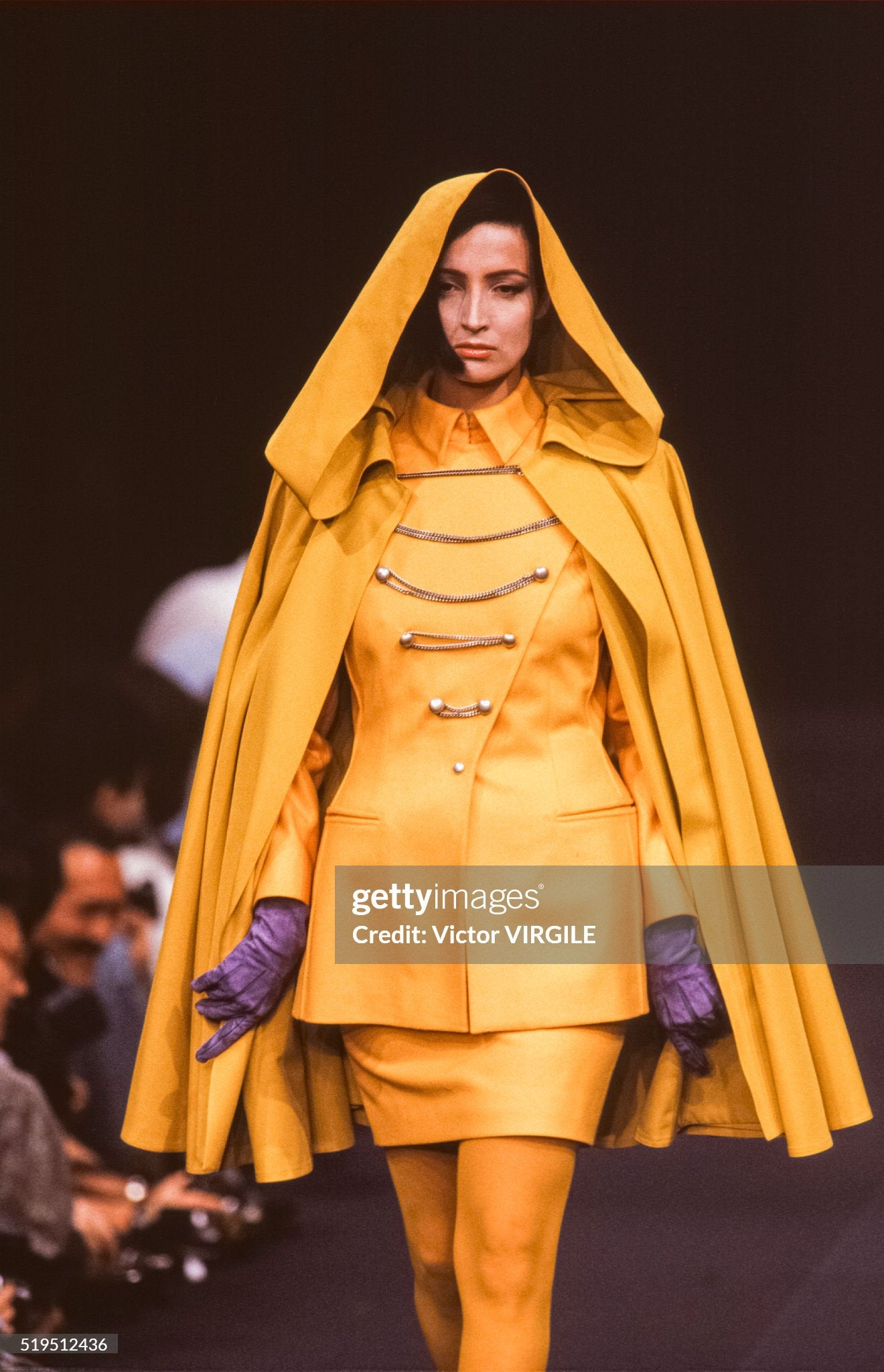 PARIS, FRANCE - MARCH: Betty Lago walks the runway at the Claude Montana Ready to Wear Fall/Winter 1990-1991 fashion show during the Paris Fashion Week in March, 1990 in Paris, France. (Photo by Victor VIRGILE/Gamma-Rapho via Getty Images)