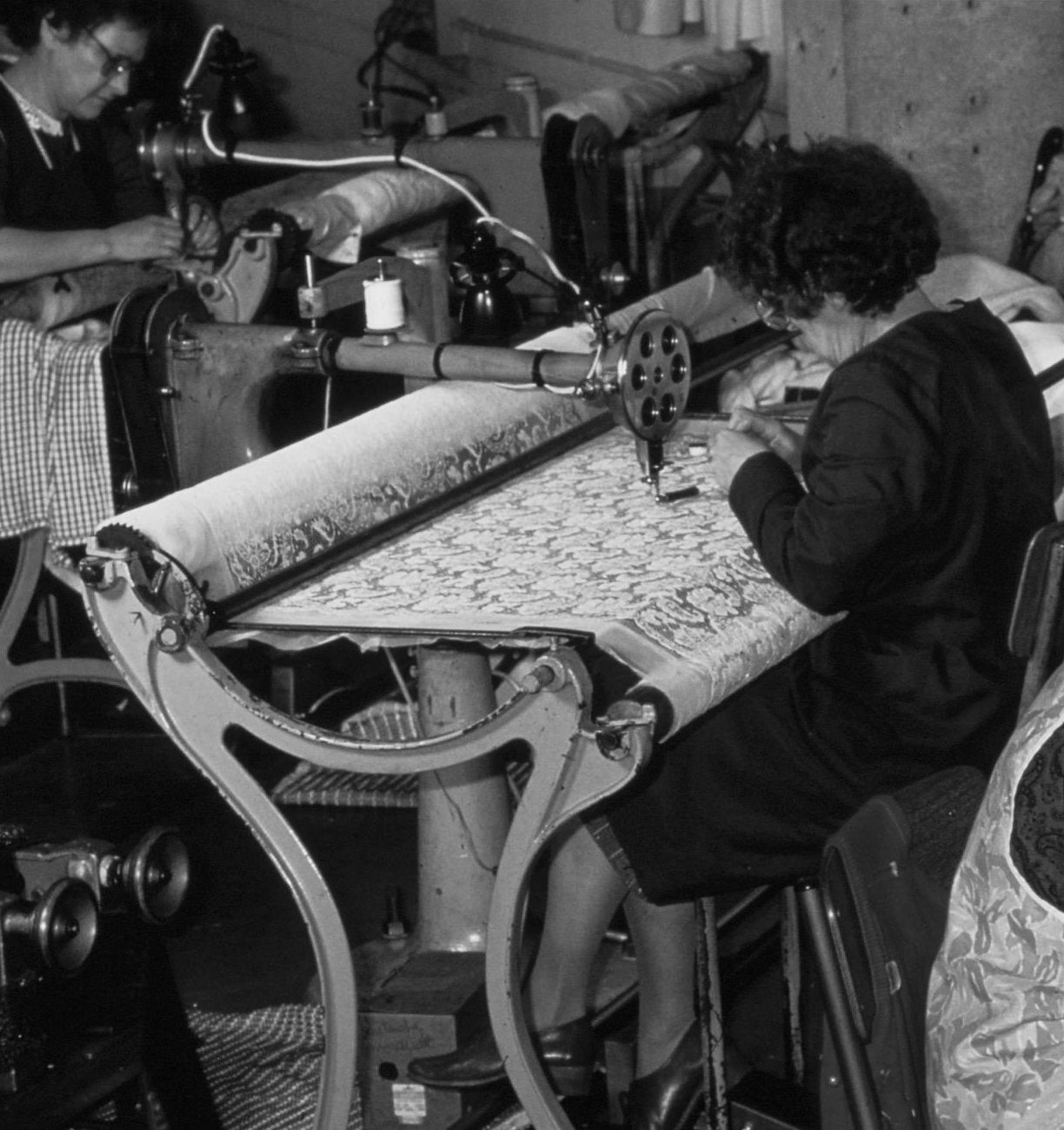 Workers embroidering pieces of lace, Marescot, Calais. (Photo by Pool HAITMAN/TREAL/Gamma-Rapho via Getty Images)