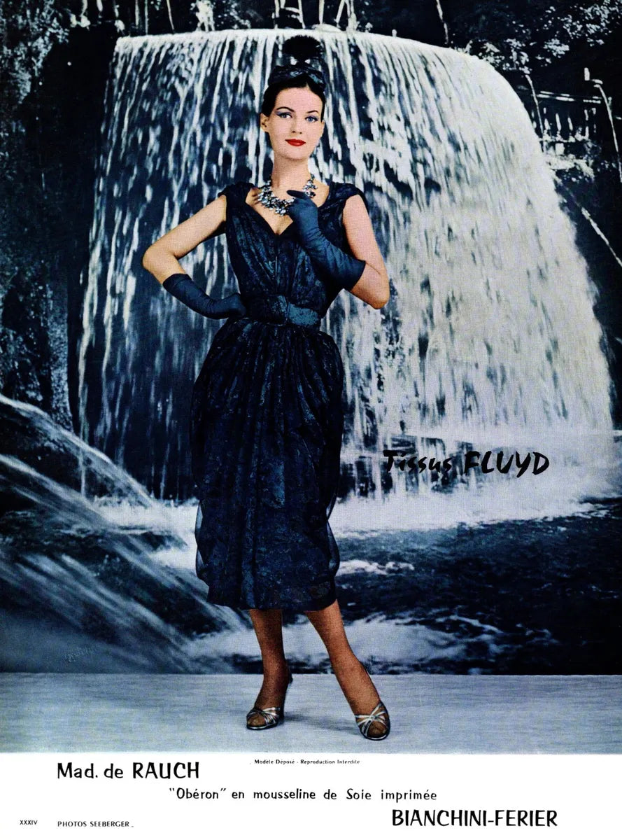 Madeleine de de Rauch Obéron fabric by Bianchini Ferier 1957 ad, photo by Seeberger